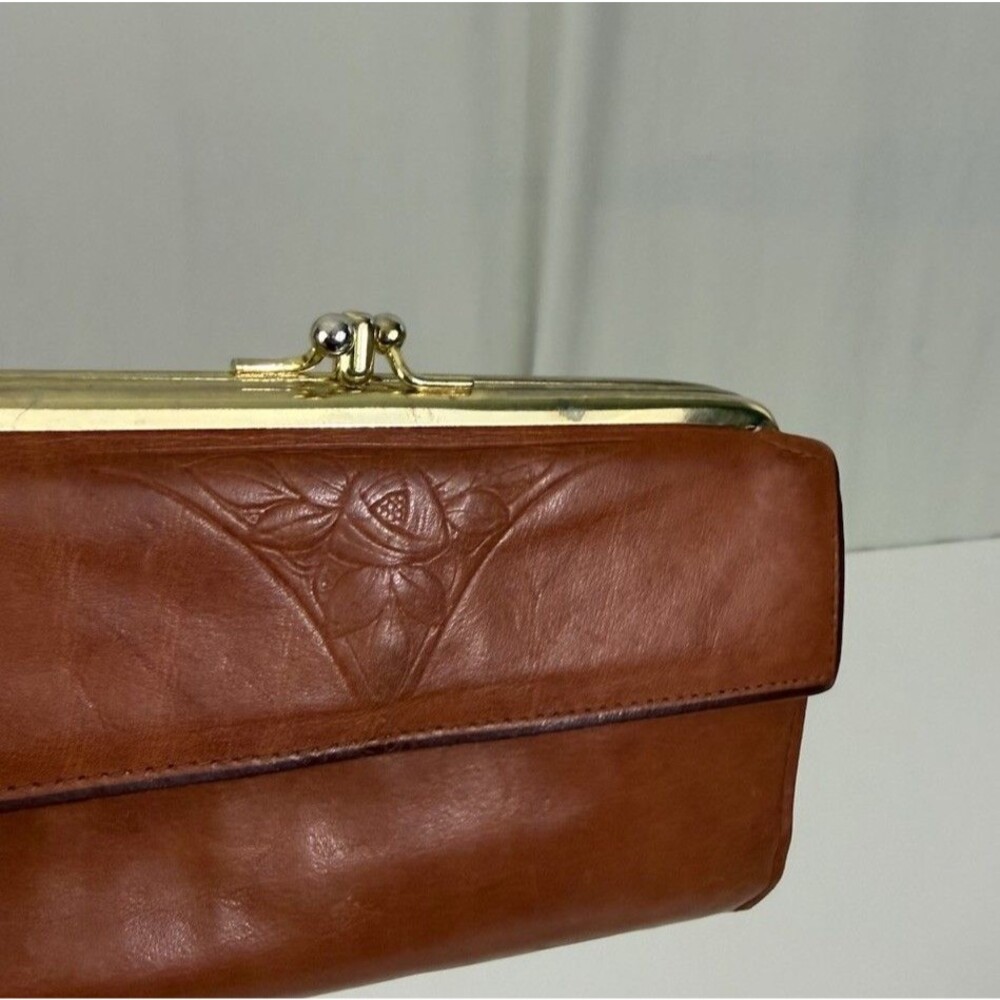 VTG ROLFS Wallet Brown Leather Coin Purse Cowhide Embossed Flower Rare Lovely